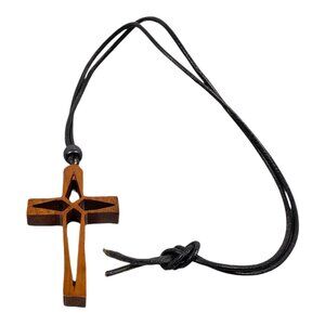 Wooden Cross Pendant Necklace 23.5" Black Leather Cord Mens Spiritual Jewelry